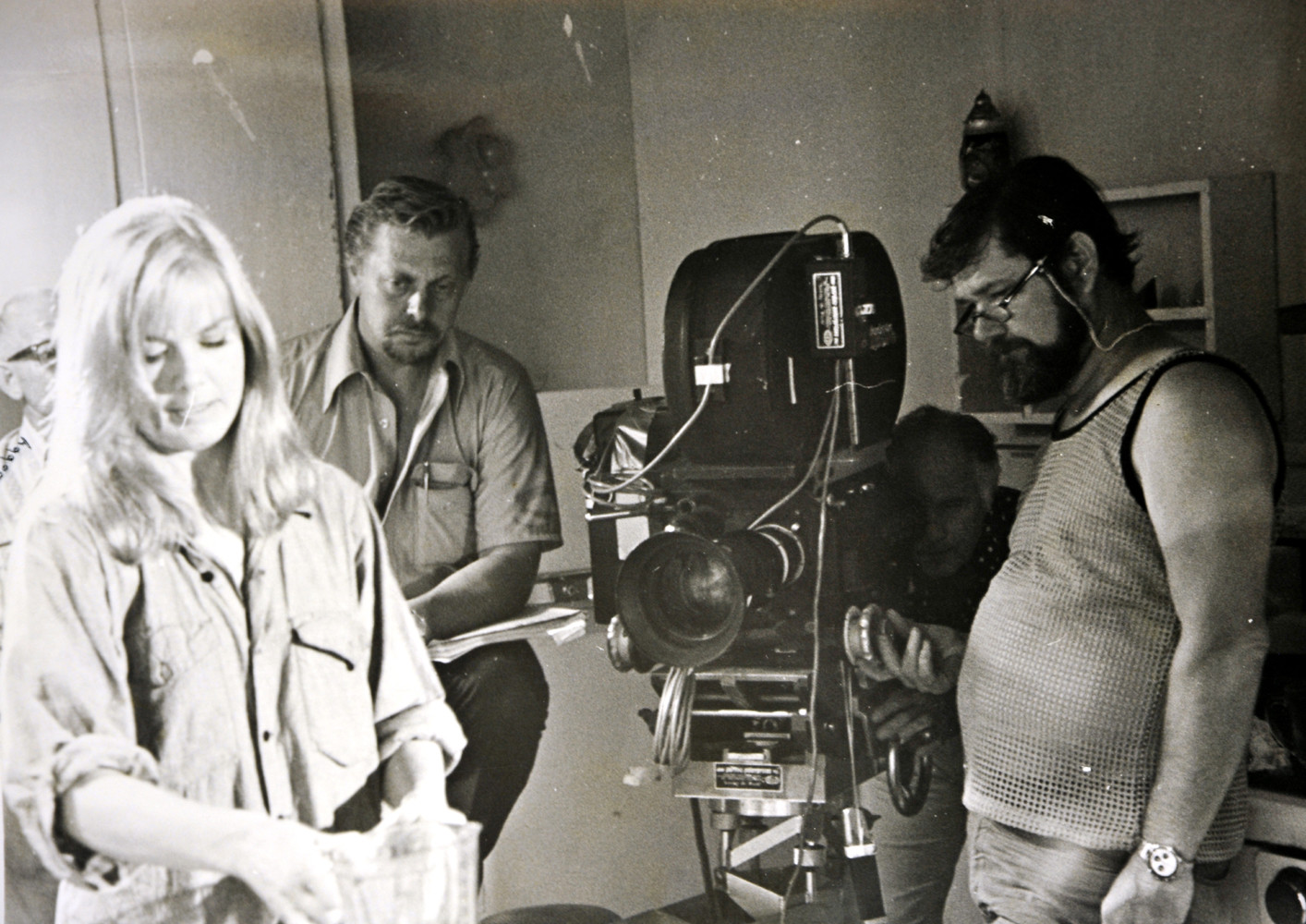 Bill Rebane (second from left) at the set of The Giant Spider Invasion.