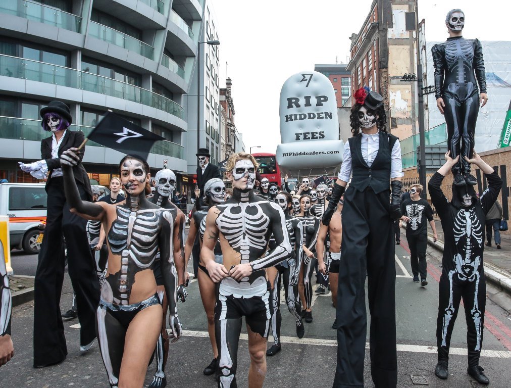 jeff Moore 28/10/2014"THIS PICTURE IS FREE TO USE""Money transfer startup TransferWise marches a Halloween parade through the City of London to mark the end of hidden bank charges. For more information, please contact press@transferwise.com or call 07864 932 720."