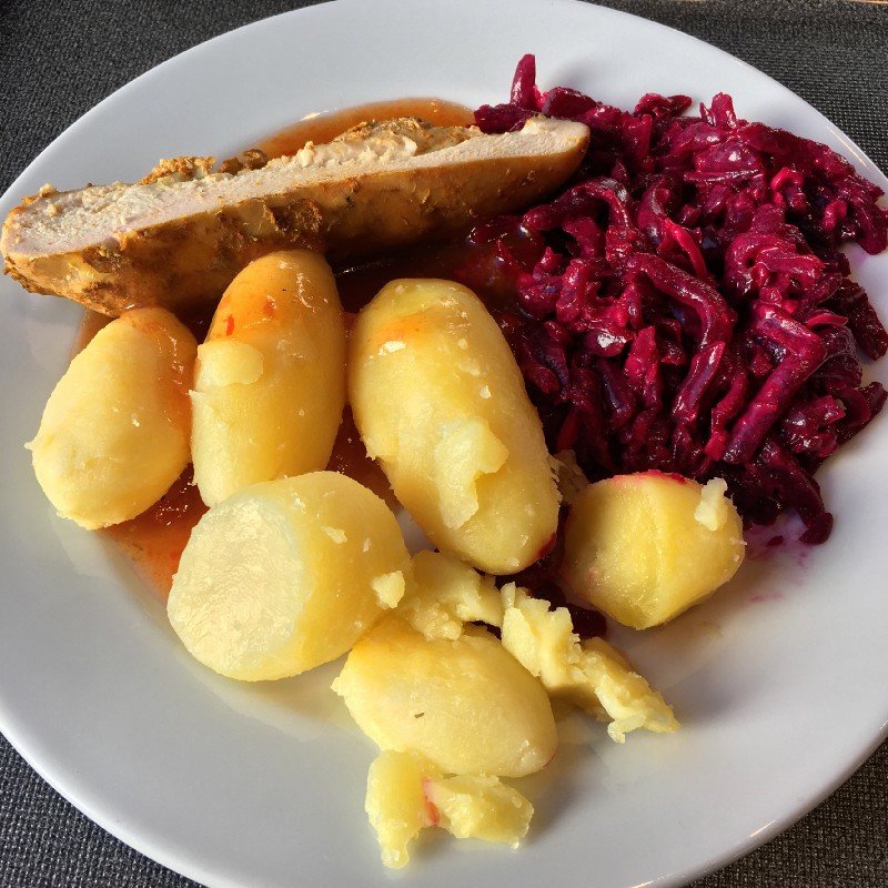 Typical lunch fare in Estonia: meat, potatoes, and beet salad.