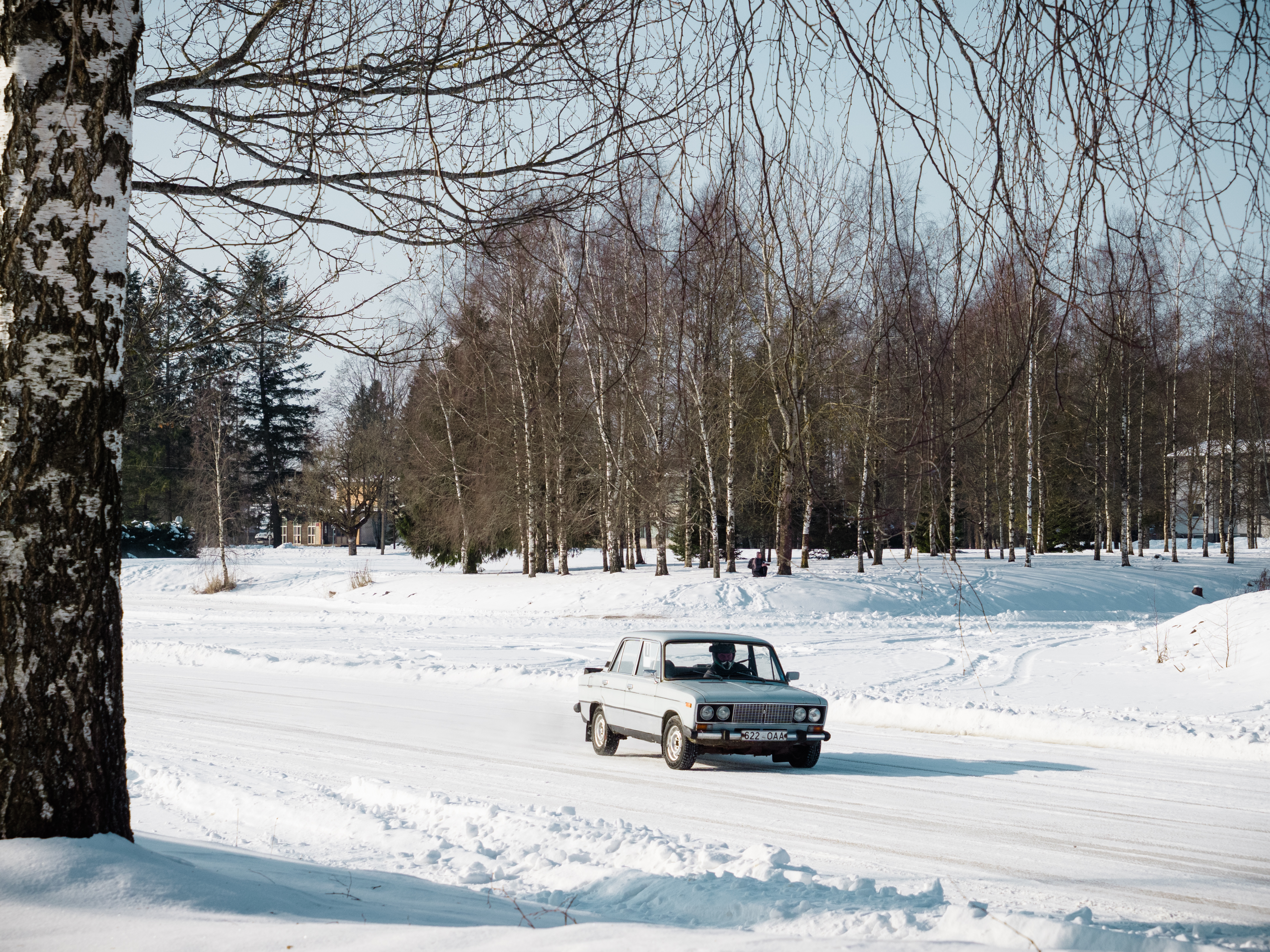 An old Soviet Lada racing on the ice.