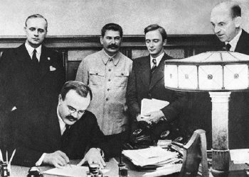 The signing of the Molotov-Ribbentrop Pact and its secret protocols in Moscow on 23 August 1939.