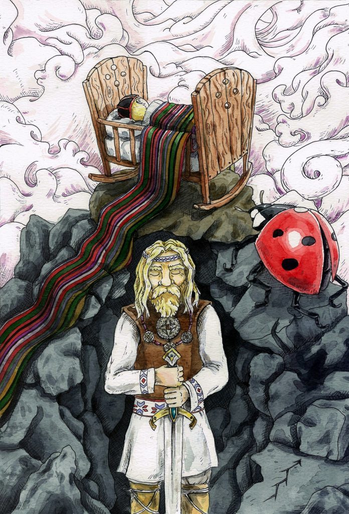 Kalev, the father of Kalevipoeg, passes away from an illness. He is buried by her wife Linda in a burial mound of huge stones. This hill is known nowadays as Toompea in Tallinn. The tears of sadness of Linda created the Ülemiste lake, which also can be seen today. Illustration by Joan Llopis Doménech