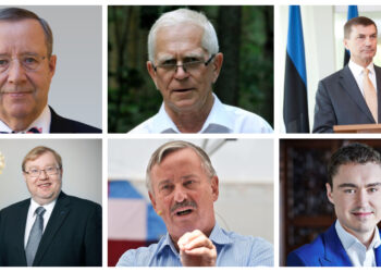 Clockwise from the top left: Toomas Hendrik Ilves, Andres Tarand, Taavi Rõivas, Andrus Ansip, Siim Kallas and Mart Laar.