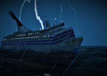 An illustration of MS Estonia before her sinking on a stormy night of 28 September 1994, with its bow visor torn off and its car deck ramp open. Image by Blue Star Line/YouTube.