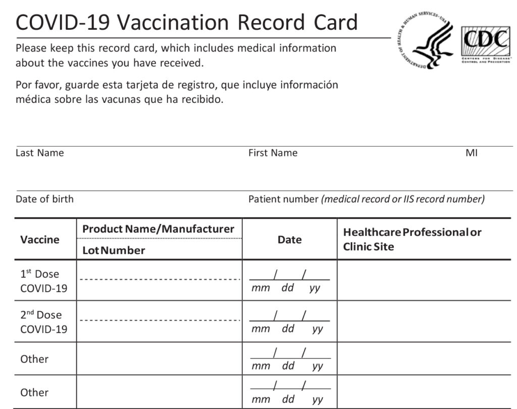 The US COVID-19 vaccination card where the administering pharmacist or other medical professional handwrites the vaccination record.