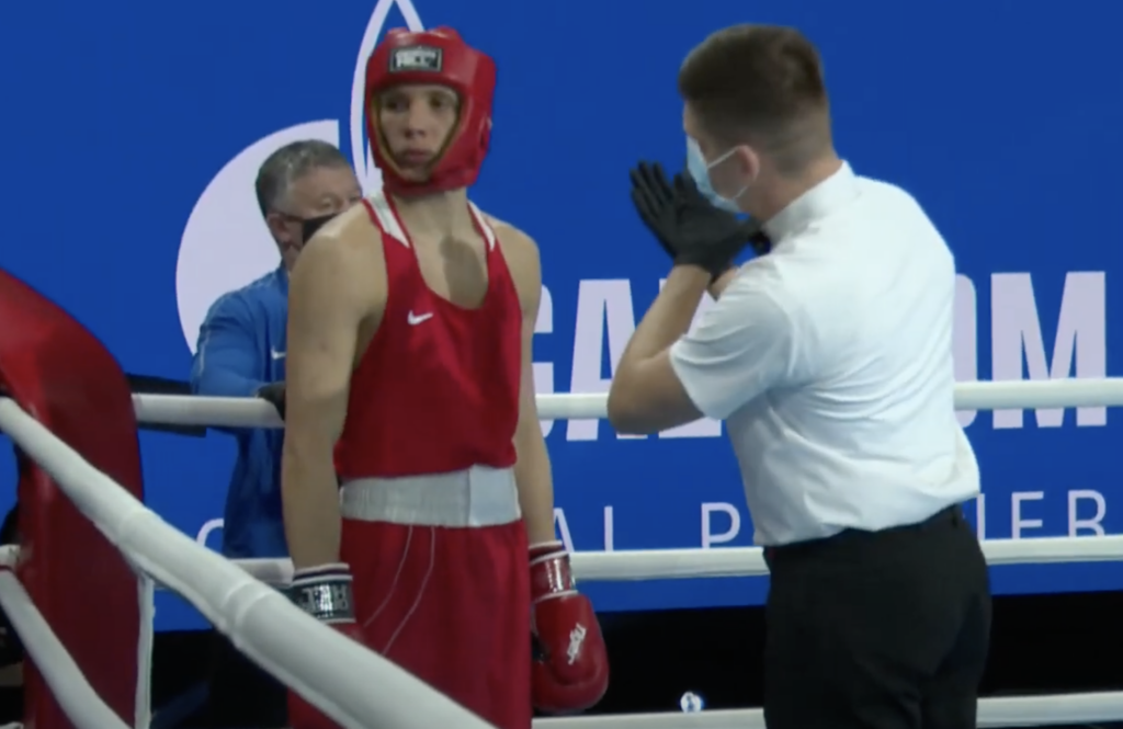 Anton Vinogradov in the ring, talking to the referee, before a boxing match in Kielce, Poland. Screenshot from an AIBA video.