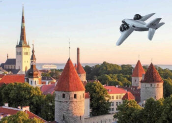 The XTI TriFan 600 imagined flying above the Old Town of Tallinn. Images by XTI Aircraft.