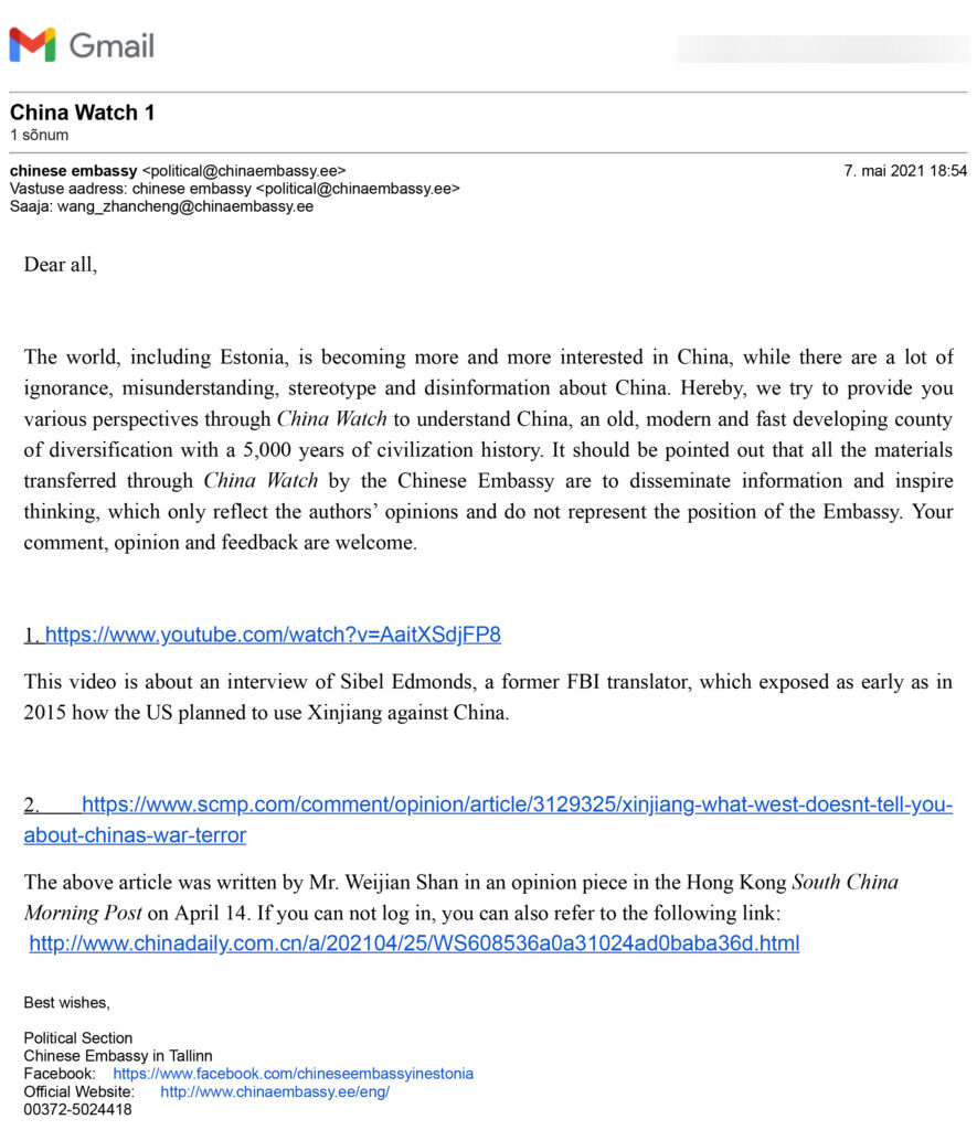 The Chinese embassy in Tallinn has sent an email to many Estonian opinion leaders, asking them to be more favourable towards it. Screenshot of the email.