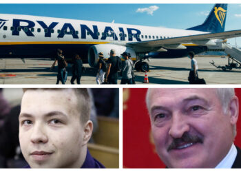 A different Ryanair plane in Athens (photo by Markus Winkler on Unsplash), Alyaksandr Lukashenka (Wikipedia) and Raman Pratasevich. Collage by Estonian World.