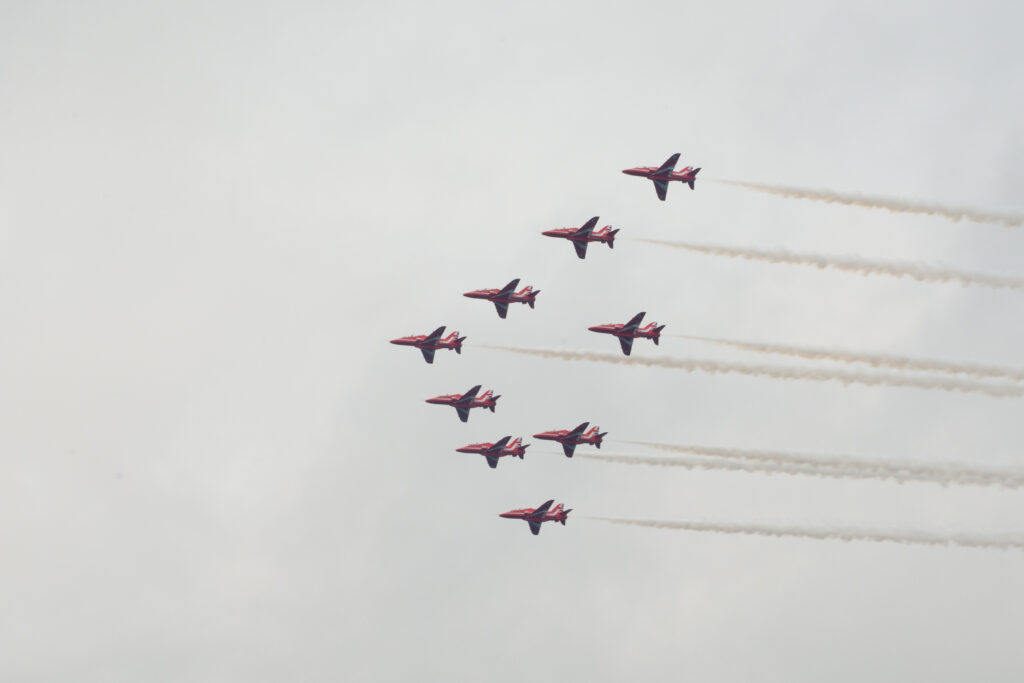 The British Royal Air Force Aerobatic team, called the Red Arrows, displaying an airshow over Tallinn Bay on 23 June 2021. Photo by the Estonian Defence Forces.