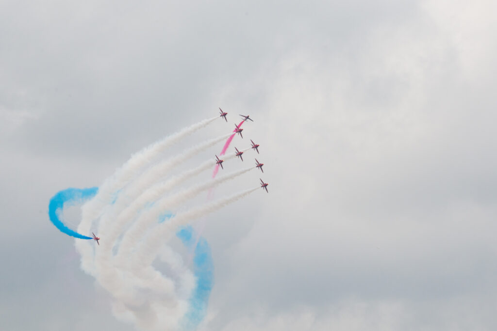 The British Royal Air Force Aerobatic team, called the Red Arrows, displaying an airshow over Tallinn Bay on 23 June 2021. Photo by the Estonian Defence Forces.
