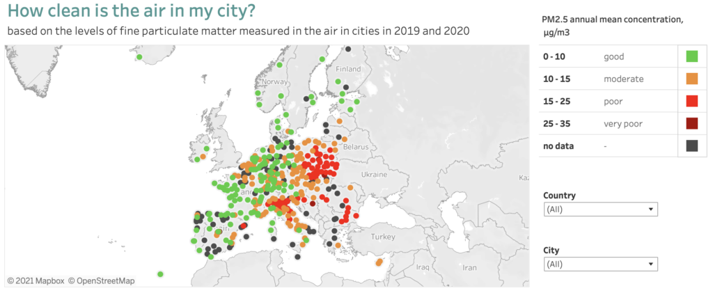 How clean is the air in my city? An air cleanliness map provided by the European Environment Agency.