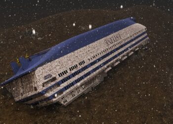 A rendering of MS Estonia in the seabed. The sunken ferry is resting almost upside down.