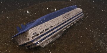 A rendering of MS Estonia in the seabed. The sunken ferry is resting almost upside down.