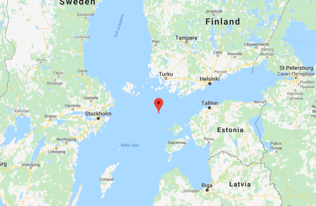 The shipwreck of MS Estonia lies in the international waters between Estonia, Finland and Sweden, about 22 nautical miles (41 kilometres) from the Finnish island of Utö, in the depth of 74 to 85 metres (243 to 279 ft) of water.