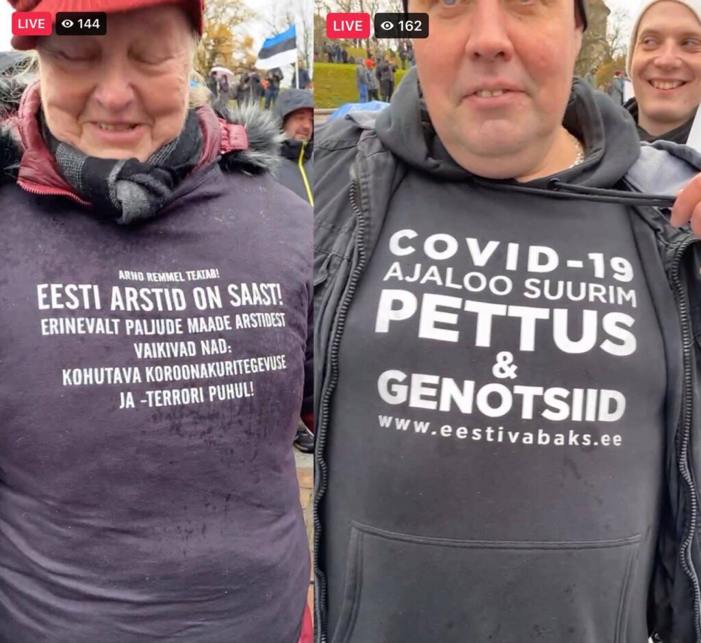 On 23 October, hundreds of people gathered at Tallinn’s Freedom Square to protest vaccines and the government’s efforts to curb the spread of the virus. People at the protest wore T-shirts that announced, “Estonian doctors are shit. Unlike the doctors of many other countries, they're silent about the horrid corona crime and terror!” and “COVID-19 the biggest scam in history & genocide.” Photo: screenshot from a Facebook live video.