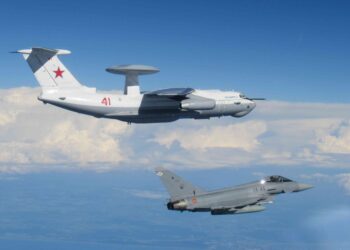 A Spanish Eurofighter Typhoon, based in Lithuania, intercepting a Russian military aircraft in 2021. Photo by the Allied Air Command.