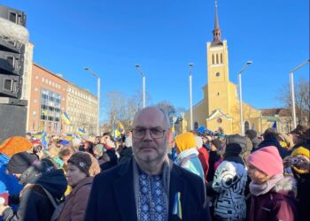 The Estonian president, Alar Karis, at a demonstration in support of Ukraine, at Tallinn Freedom Square on 26 February 2022. Photo by the Estonian President’s Office.