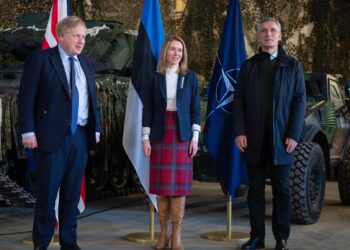 Boris Johnson, Kaja Kallas and Jens Stolntenberg in Tapa, Estonia, on 1 March 2022. Photo by Raigo Pajula.