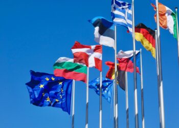 Estonian flag among some of the other EU member states' flags in front of the European Parliament building in Strasbourg, France. Photo by Antoine Schibler on Unsplash.