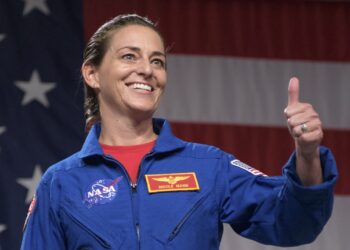 Astronaut Nicole Aunapu Mann during a NASA event in 2018; photo by NASA/Bill Ingalls.