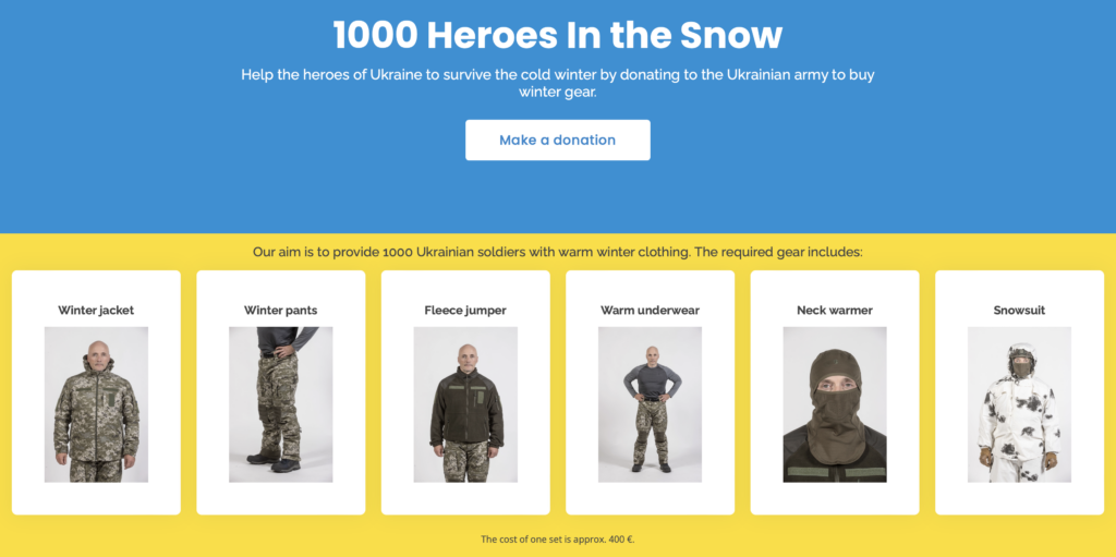 Estonian charity Slava Ukraini (Glory to Ukraine) is collecting money to buy the Ukrainian military personnel winter clothes. Photo: screenshot from the campaign website.