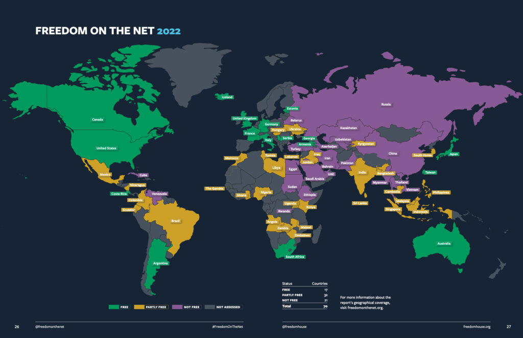 Freedom on the Net world map 2022. Screenshot from the report.