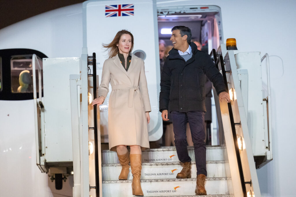 The prime minister of the UK, Rishi Sunak, and his Estonian counterpart, Kaja Kallas, landed in Tallinn after holding a bilateral meeting on the flight from Riga. Photo by Simon Walker / No 10 Downing Street.