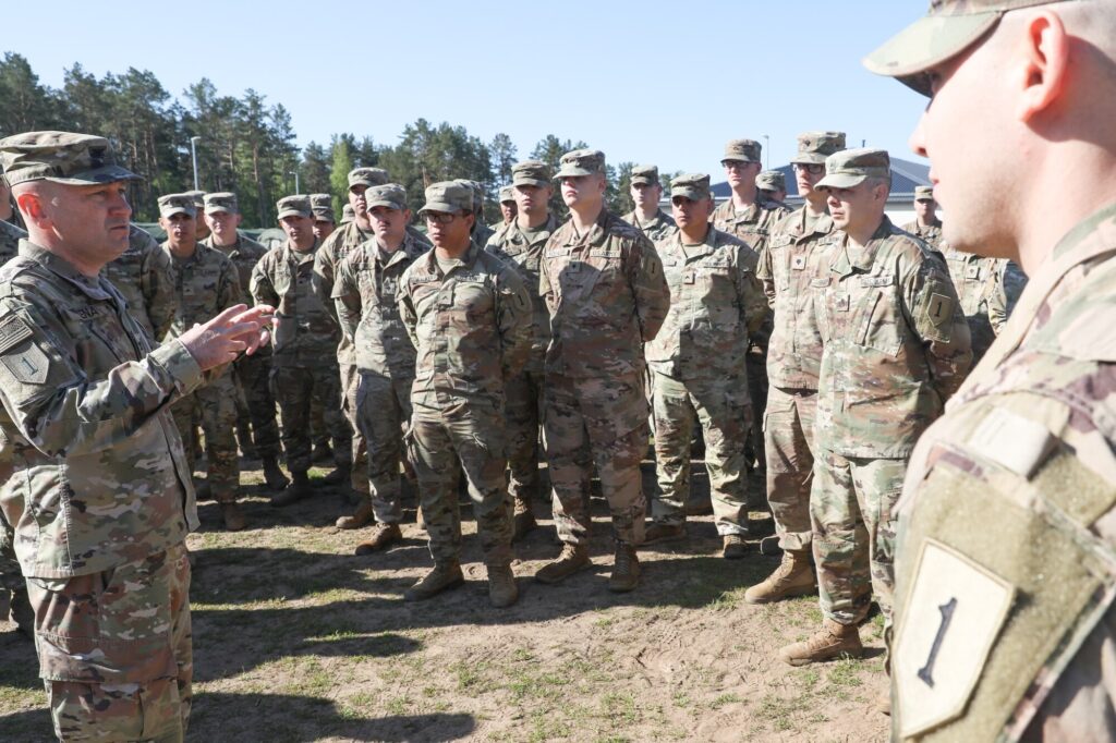 US Army Colonel Richard J. Ikena Jr., the commander of the 1st Infantry Division Artillery, giving a speech to his soldiers at Forward Operating Site Adazhi, Latvia, on 24 May 2022. Photo by the US Army.