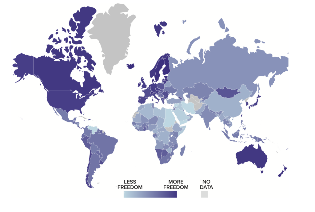 El mapa del mundo, según la libertad.  Una captura de pantalla del índice.