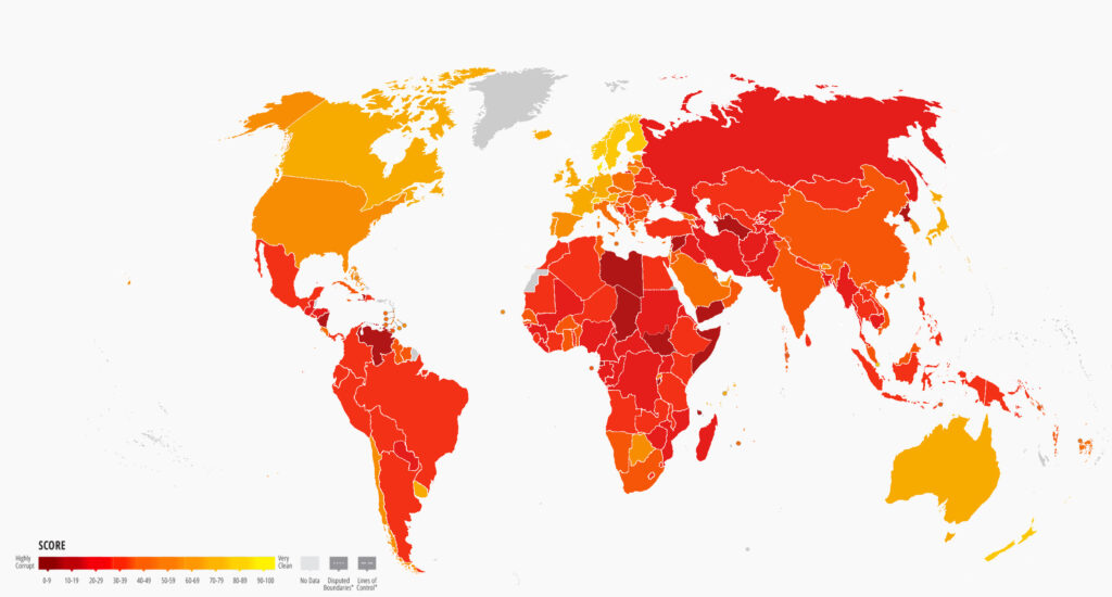 The Corruption Perception Index 2022 map. A screenshot from the index.