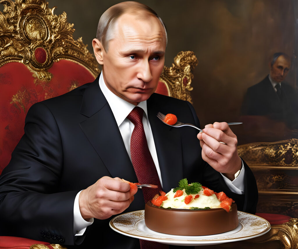 Vladimir Lilliputin eating cake after it's been thoroughly tested by his food tasters. Image created by artificial intelligence.