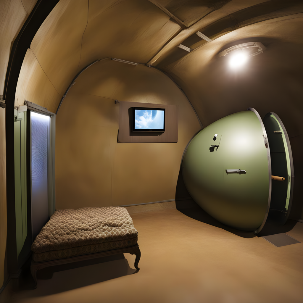 The inside of Lilliputin's bomb shelter. Under the mattress, there's a Luger pistol and a cyanide pill. In case, you know. Image created by artificial intelligence.