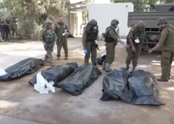 Dead bodies of Israelis killed by Hamas’ terrorists in Israel on 7 October 2023. Screenshot from a news report by Channel 4 (UK).