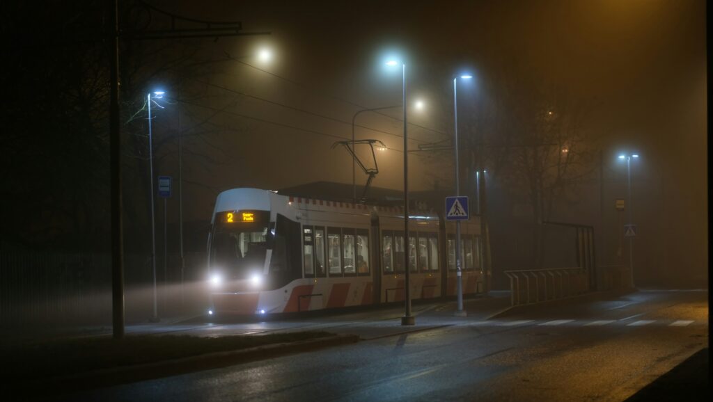 A tram gliding through the foggy winter streets of Kalamaja in Tallinn, Estonia. Photo: Unsplash.