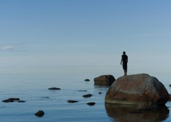 A man standing on a boulder in Lahemaa, Estonia. Photo by transly.eu/Unsplash.