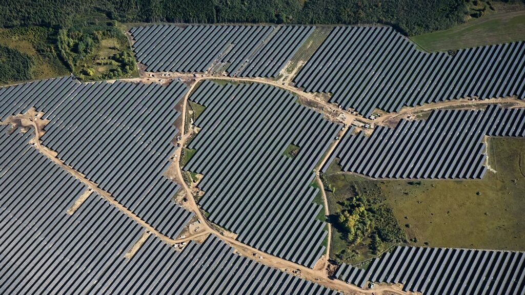 The largest solar farm in the Baltics has opened in Pärnu County, Estonia; the Kirikmäe Solar Farm, which covers 110 hectares and has a generating capacity of 77.53 megawatts, will provide enough electricity to power 35,000 homes each year. Photo by Evecon.