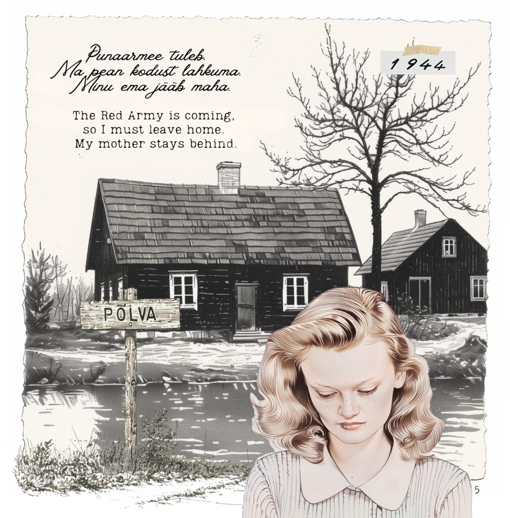 A page from the book, "Eha's Great Escape", showing 17-year-old Eha on her family farm in Põlva, ready to embark on her escape – based on real photographs and memories from her life.