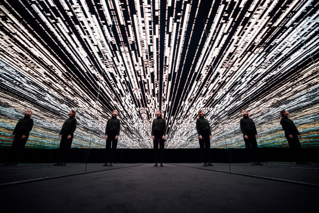 Ryoji Ikeda’s The Critical Paths from 2024. The piece is inspired by the research of the University of Tartu Institute of Genomics. It includes a flow of genetic data on LED screens where visitors can walk through the history of humanity. Photo by Maanus Kullamaa.