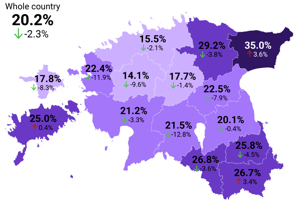 People living in poverty by the county. Chart by Statistics Estonia.