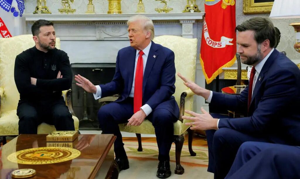 Volodymyr Zelensky, Donald Trump and JD Vance at the White House's Oval Office on 28 February 2025.