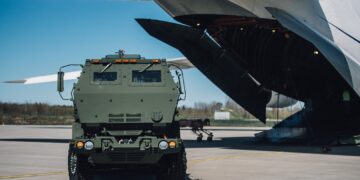 A US-supplied HIMARS launcher is unloaded from a Ukrainian Antonov An-124 Ruslan at Ämari Air Base, Estonia. Photo by Siim Verner Teder