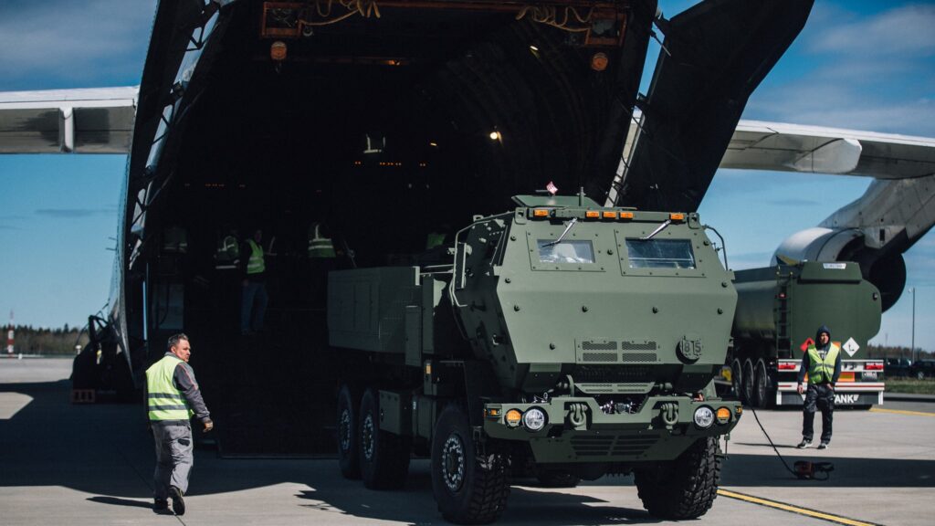 A US-supplied HIMARS launcher is unloaded from a Ukrainian Antonov An-124 Ruslan at Ämari Air Base, Estonia. Photo by Siim Verner Teder