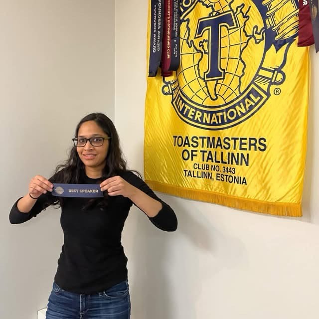 Sara Sinha spends most of her free time at the Tallinn Toastmasters Club, where she learns and hones her public speaking and communication skills with different audiences. Photo by Marleen Leemets.