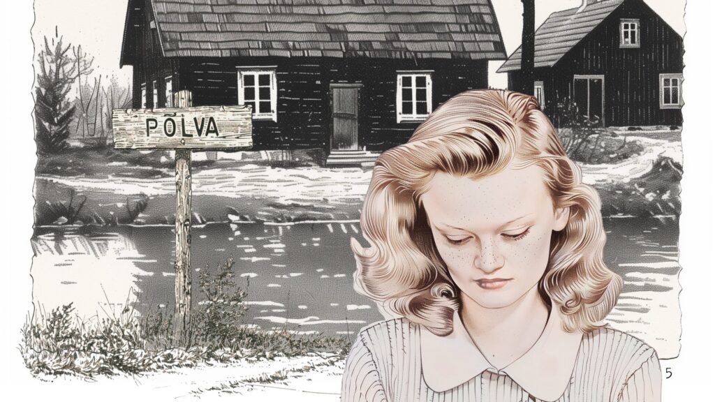 A page from the book, “Eha’s Great Escape”, showing 17-year-old Eha on her family farm in Põlva, ready to embark on her escape – based on real photographs and memories from her life.