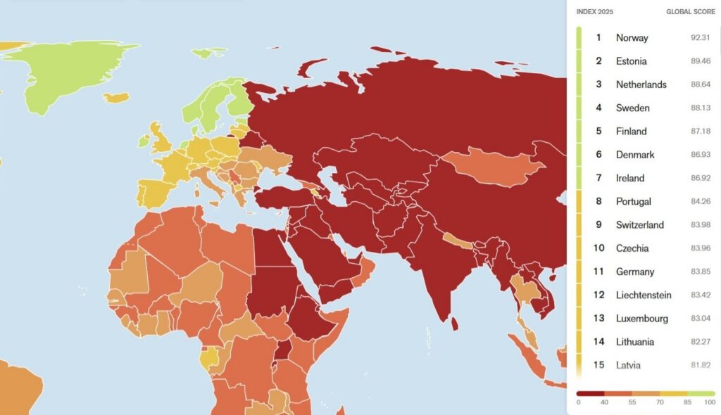 Estonia has climbed to second place in the 2025 World Press Freedom Index published by Reporters Without Borders (RSF), marking its highest-ever position. Map by RSF