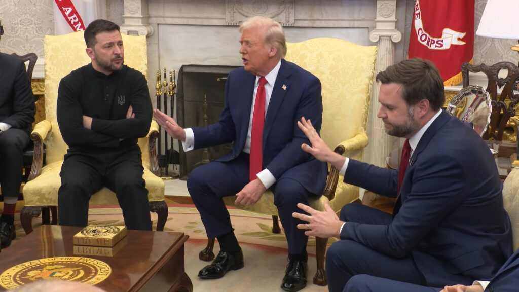 US President Donald Trump and Vice President JD Vance clash with Ukrainian President Volodymyr Zelenskyy during an Oval Office meeting, 28 February 2025. Public domain.