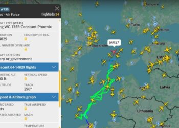 A rare United States Air Force aircraft designed to detect nuclear explosions is patrolling the Baltic Sea, close to the airspaces of Estonia, Latvia and Lithuania. Screenshot from the Flightradar24 page.