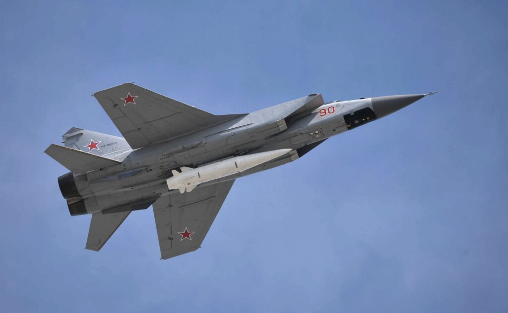 A Russian MiG-31BM carrying a Kh-47M2 Kinzhal missile at the 2018 Victory Parade in Moscow. Photo: CC BY 4.0 licence.