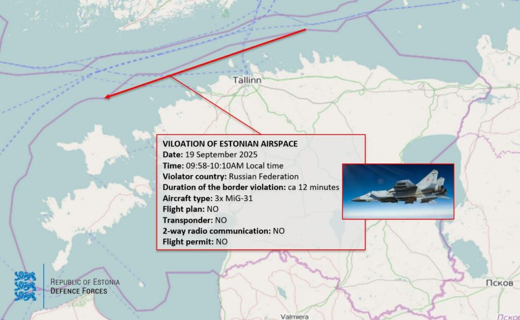 A chart showing the flight path of three Russian MiG-31 fighter jets that crossed into Estonia’s skies on 19 September 2025.